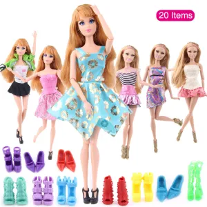 UCanaan Randomly Lot 20 Pcs = 10 Shoes  10 Sets Fashion Outfit Blouse Trousers Dress Shorts Pants Skirt Clothes For Barbie Doll