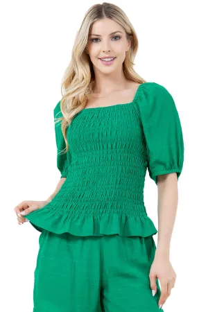 Women's Casual Resort Wear Smocked Puffed Sleeve Ruffled Hem Top